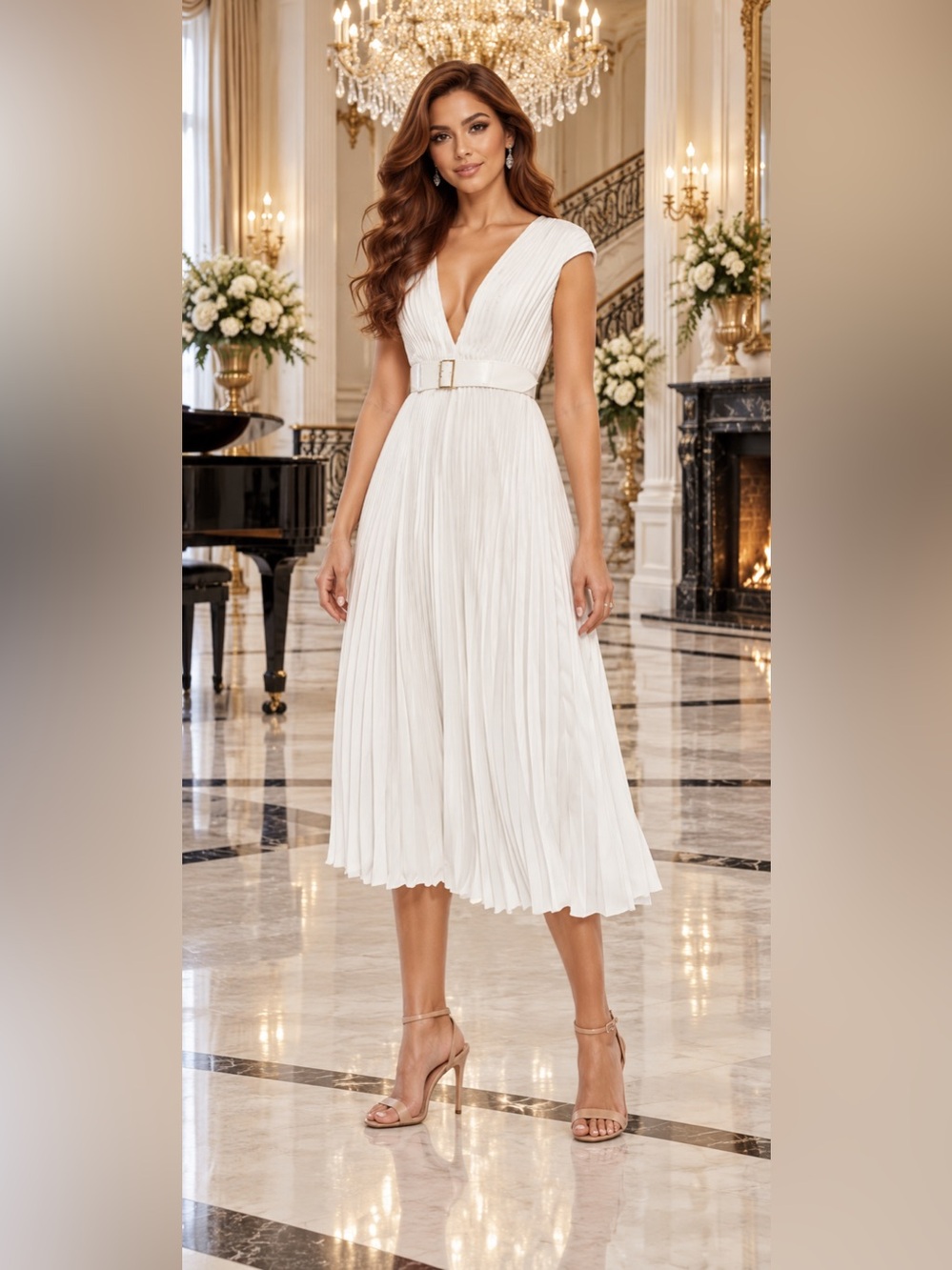 NWT Mac Duggal 26483 White Pleated V Neck Belted Midi Wedding Gala Dress Size 14